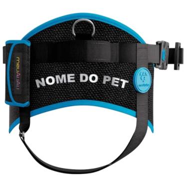 Imagem de Kit Peitoral SAFE 5 em 1 com Guia, Cata-Caca, QR Code e Nome Personalizado do Pet (Azul Neon, G)