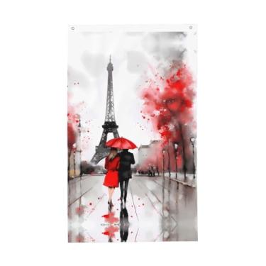 Imagem de Groamaup Bandeira impressa frente e verso da Torre Eiffel, faixa romântica com ilhós de metal para jardim, quintal, casa, placa decorativa para varanda de festa interna e externa (faixa vertical)