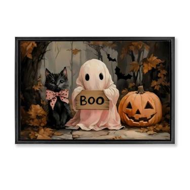 Imagem de Stupell Industries Linda arte de parede em tela flutuante com moldura dourada de Halloween Boo, design por Arlington Prints, 53 x 78 cm