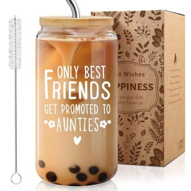 Imagem de Presentes de copo de vidro para melhor amigo - Only The Best Friends Get Promoted To Auntie, presente engraçado de anúncio de gravidez, vidro de lata de café com tampa e canudos 473 ml, Best New Aunt