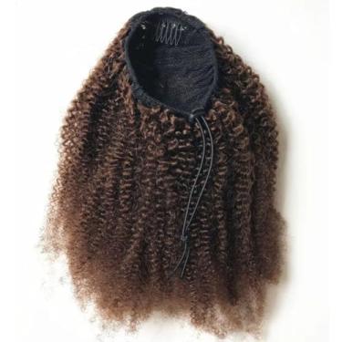 Imagem de Cabelo humano de rabo de cavalo cacheado afro crespo com cordão (30,5 cm, 110 g) extensões afro crespo encaracolado para mulheres cabelo humano, rabo de cavalo encaracolado natural 4C, cor marrom