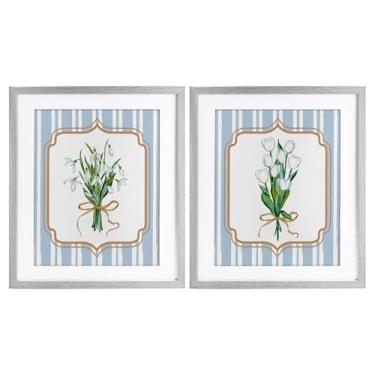 Imagem de Stupell Industries White Flowers Classic Stripes 2 Peças Impressão Emoldurada Branca Conjunto de Vidro Design por Adonna Ebrahimi, 16 x 13