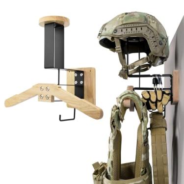 Imagem de Suporte de parede Tactical Gear - Suporte de exibição de capacete de motocicleta com ganchos, suporte de placa de airsoft de madeira maciça para policial, futebol e ciclismo (natural)