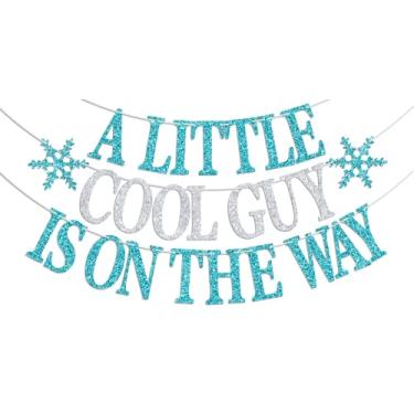 Imagem de A Little Cool Guy is on the Way Banner, Baby It's Cold Outside Winter Onederland Decor, Winter Frozen Snowflake Decorações de chá de bebê com glitter azul e prata