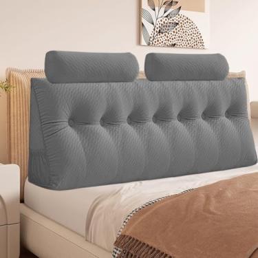 Imagem de Almofada triangular de veludo para cabeceira, almofada removível para cabeceira de cama, beliche, suporte de posicionamento do encosto (cinza com almofada de rolo, king (193 x 50 x 20 cm)