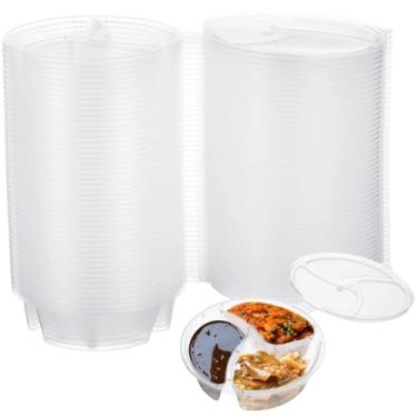 Imagem de OMISTAR Recipientes de condimento redondos descartáveis de três compartimentos com tampas, copos de molho de plástico à prova de vazamento para condimentos, geleias, lanches, ideais para festas