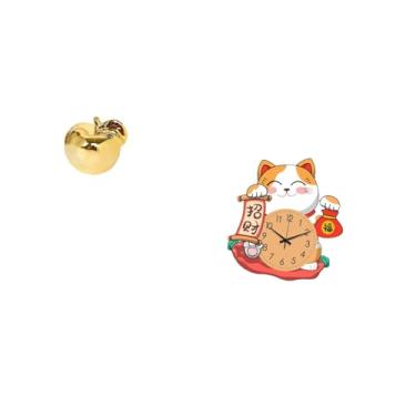 Imagem de Fenteer Gato de Frutas Escultura de Cerâmica Relógio Estatueta Ornamento Coleção Artesanato Delicado Estátua de Mesa Silenciosa Decoração Pendurada para Varan