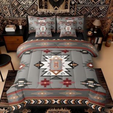 Imagem de Erosebridal Conjunto de edredom Queen Western Bed in a Bag, 7 peças, boêmio, geométrico, boêmio, asteca, étnico, tribal, flecha, cinza