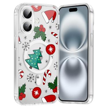 Imagem de RUMDEY Capa de celular Merry Christmas Candy para iPhone 16 Plus, árvore de Natal, capa magnética transparente de 6,7 polegadas, compatível com Magsafe, capa com design de padrão de inverno fofo à