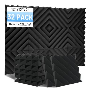 Imagem de Focusound Pacote com 32 painéis de espuma à prova de som, painéis de espuma acústica de 5 x 30 x 30 cm para parede, painéis de cunha à prova de som de alta densidade para estúdio, escritório, sala de