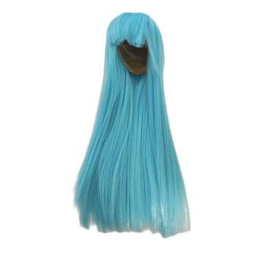 Imagem de Peruca de boneca 1/4 bjd fibra de alta temperatura franja reta cabelo azul claro longo acessórios de boneca bjd