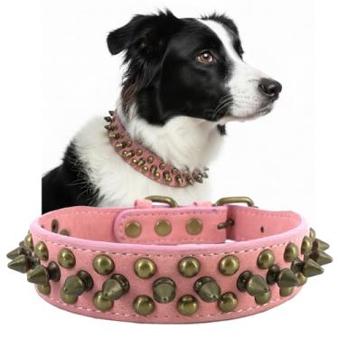 Imagem de UVONOKAY Coleira para Cães com Cravos Anti-Mordida Ajustável Estilosa de Couro PU + Liga para Cães Pequenos, Médios e Grandes (Rosa Retrô, PP/P/M/G/GG)