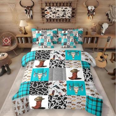 Imagem de Jogo de cama de casal country western, 7 peças, com botas de caubói, chapéu rústico, decoração de cavalo, caubói, caubói, caubói, decoração de quarto e caveira, turquesa