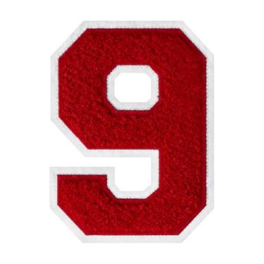 Imagem de 1 peça de patch de número de chenille vermelho de 15 cm com borda branca – adesivos do alfabeto para roupas, jaquetas, mochilas, chapéus para decoração personalizada, nome personalizado e artesanato