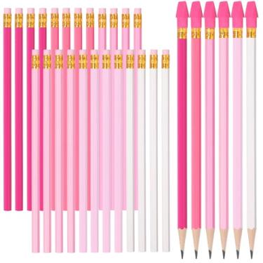 Imagem de Gersoniel 24 lápis com 48 tampas de borracha, conjunto de lápis rosa gradiente fofo de 17 cm, madeira nº 2 HB para estudantes, presentes para adultos, escola, estudos de arte, esboços de escritório