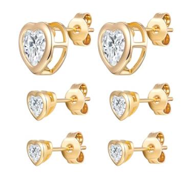 Imagem de VOLUKA Brincos femininos de zircônia cúbica – 3 pares de brincos de pressão 18K hipoalergênicos para orelhas sensíveis, imitação de diamante CZ, Latão, Zircônia cúbica