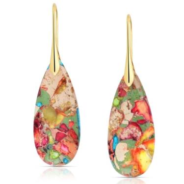 Imagem de LumaBria Brincos pendentes de argola de peixe com pedra de cura natural, brincos de prata e ouro, CM, Imperial Pine, Calcedônia