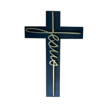 Imagem de Cruz Decorativa de Parede em MDF, Preto com Escrita Jesus em Dourado, 29x19cm, Espessura 3mm, Fixação com Fita Dupla Face