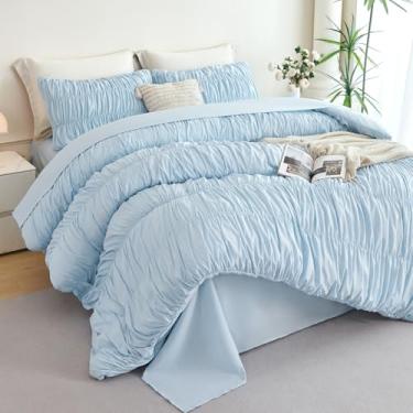 Imagem de PERFEMET Conjunto de cama de solteiro, azul claro, 5 peças, fofo, boêmio, franzido, com lençóis, de textura plissada, macia, para todas as estações, leve e vintage, conjunto de cama com babados, 172 x