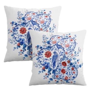 Imagem de Wnoesat Conjunto de 2 capas de almofada floral de porcelana azul e branca para dia dos namorados com corações de amor para ambientes externos, 45,7 x 45,7 cm, fronhas decorativas para sofá, quarto