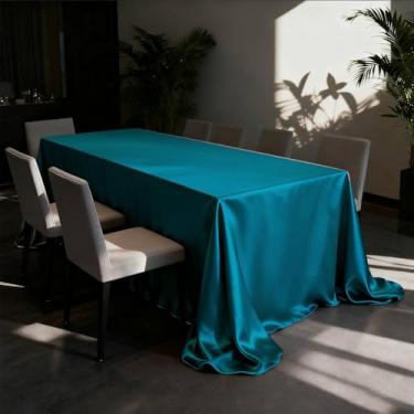 Imagem de Wuluwala Toalha de mesa retangular de cetim lisa oblonga lavável toalha de mesa decorativa de tecido de seda brilhante para restaurante, cozinha, jantar, festa de casamento, banquete, eventos azul