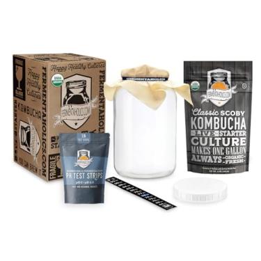Imagem de Kit Essentials da Kombucha – SCOBY orgânico (cultura iniciante) + frasco de fermentação de vidro de 3,8 litros com capa respirável + faixa de borracha + termômetro adesivo – Brew kombucha at Home – D