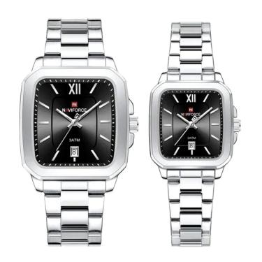 Imagem de Relogios De Pulso Analógico Conjunto De Casal Em Aço Inoxidavel Design Quadrado Impermeavel Preto