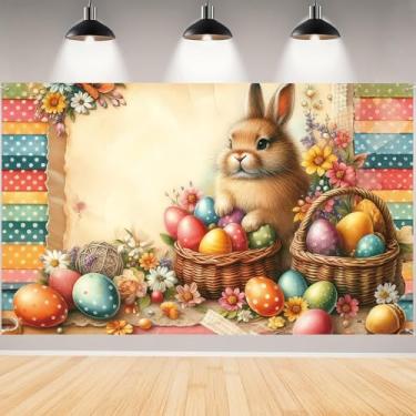 Imagem de Pano de fundo de páscoa, faixa fotográfica de fundo de páscoa colorido ovos coelhos cenários para crianças decorações e suprimentos de festa infantil - 180 x 109 cm (multicolorido 01)