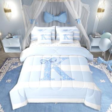Imagem de Erosebridal Jogo de cama kawaii com laço para meninas, tamanho casal, monograma, letra K, lençol com laço, azul, para decoração de quarto de crianças, mulheres, para decoração de quarto de crianças e