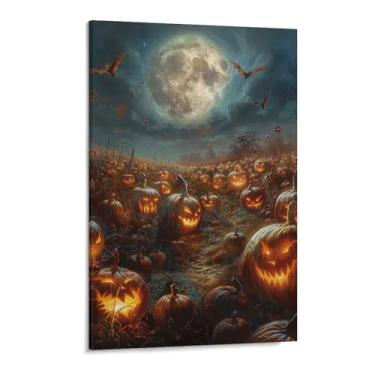 Imagem de HouLaiZhe Pôster de Halloween Lua Morcego Abóbora Remendo Tela Impressões de Arte de Parede Decorações de Halloween Decoração de Parede Estética Gótica para Sala de Estar Quarto 11 x 17 polegadas (28