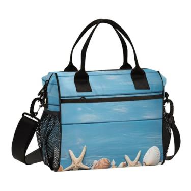Imagem de Wassud Lancheira de madeira azul com estrela do mar para mulheres e homens, lancheira isolada com recipiente incluído, bolsa térmica reutilizável com alça de ombro ajustável para trabalho e piquenique
