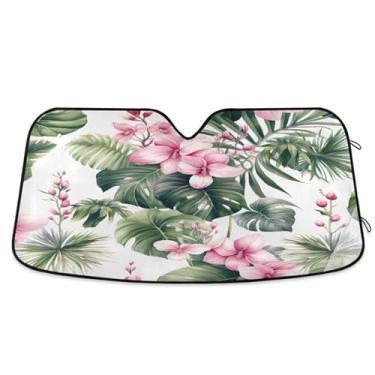 Imagem de Wassud Para-brisa para-sol acessórios de carro dobrável para janela dianteira do carro blocos raios UV plantas tropicais guarda-sol reflexivo 80 x 144 cm