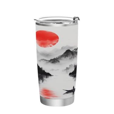 Imagem de STAYTOP Copo de aço inoxidável com pintura a tinta estilo chinês 590 ml, copo de café isolado com tampa e canudo, caneca de café de viagem de parede dupla para bebidas quentes e frias