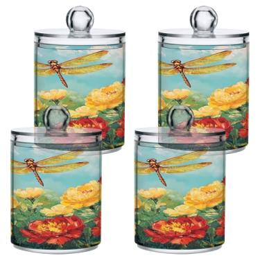 Imagem de STAYTOP 4 frascos de boticário de flores silvestres e libélulas, dispensador Qtip para banheiro com etiquetas – Recipiente de armazenamento Qtip de plástico transparente para bola de algodão, cotonete