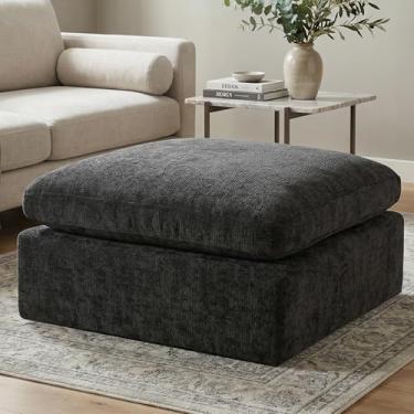 Imagem de GRUSIGN Sofá secional de chenille para adultos, descanso de pés para sofá, sofá estofado para apartamento, sala de estar e quarto, multifuncional, apoio para os pés preto