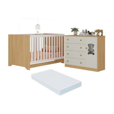 Imagem de Berço Americano 3 em 1 com Colchão Incluso e Cômoda 1 Porta 4 Gavetas Teddy Multimóveis Mp4731 Madeirado/off White