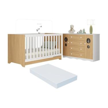 Imagem de Berço Americano 3 em 1 com Colchão Incluso e Cômoda 2 Portas 4 Gavetas Sonho Multimóveis Mp4721 Branco/madeirado