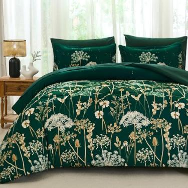 Imagem de Yiran Conjunto de edredom Queen, 7 peças, floral, verde-escuro, cama botânica dente-de-leão em uma bolsa, conjunto completo de microfibra macia com edredom, lençóis, fronhas e fronhas