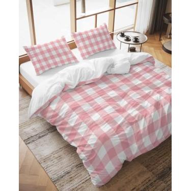 Imagem de LooPoP Conjunto de capa de edredom de Dia dos Namorados California King Size romântico, 3 peças, conjunto de cama xadrez xadrez búfalo rosa com fecho de zíper e 2 fronhas, capas de cama macias para