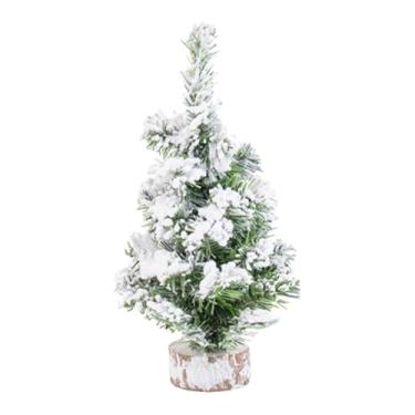 Imagem de Mini árvore de Natal flocada de 15,7 polegadas com base de madeira, árvore de Natal artificial para decoração de interiores, faça você mesmo, planta artificial (estilo 2)
