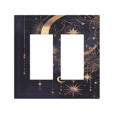 Imagem de Nadoabtm Capas decorativas para tomadas góticas, celestiais, douradas, lua, estrelas, 2 gangues, interruptor de luz duplo, placa de interruptor elétrico, decorativa, placa de parede Gfci para
