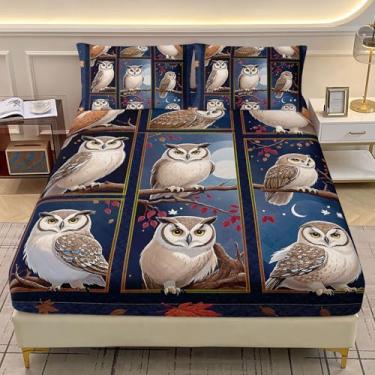 Imagem de AILONEN Jogo de lençol casal com desenho animado de coruja e lua e pássaros selvagens, estampa de folhas de bordo, azul e 2 fronhas