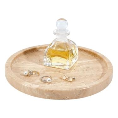Imagem de NBEADS Bandeja de mármore de 19 cm, bandeja de pedra travertino com adesivo antiderrapante organizador de joias para suporte de vela de perfume, decoração de bancada de banheiro, redondo, plano