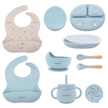 Imagem de Tikum Conjunto de alimentação de silicone com 9 peças de LED para bebês, com placa de sucção, tampa, tigela, copo com canudo, utensílios, 1 espaço e 1 babador sólido, sem BPA, lavável na lava-louças