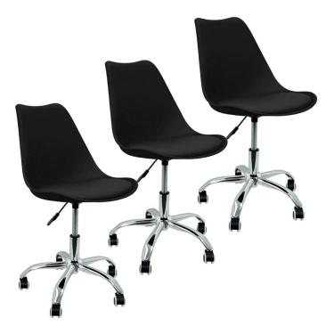 Imagem de Kit 3 Cadeiras Leda Office Luisa Saarinen Estofada Base Giratória Cromada - Preta