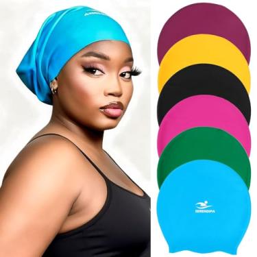 Imagem de SERENDIPA Touca de natação grande para tranças e dreadlocks, touca de natação feminina de silicone impermeável para cabelos longos (G, azul)
