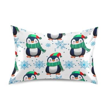 Imagem de Lindos pinguins flocos de neve fronhas de cetim branco engraçado refrescante roupa de cama fronha engraçado rei queen padrão capas tamanho padrão 66 cm x 50 cm