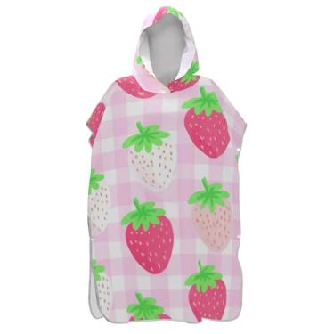 Imagem de TSENQUE Poncho de surfe para adultos trocador com capuz toalha de praia com capuz absorvente fofo morangos rosa poncho masculino com capuz