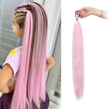 Imagem de 1 peça de extensões de cabelo de rabo de cavalo trançado de Natal para mulheres, extensões de cabelo liso rosa profundo realce cabelo humano com clipe macio