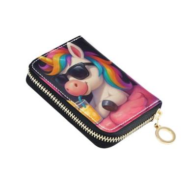 Imagem de Carteira feminina de couro para cartão de crédito com bloqueio de RFID, carteira fofa de unicórnio com zíper e bolsa para moedas